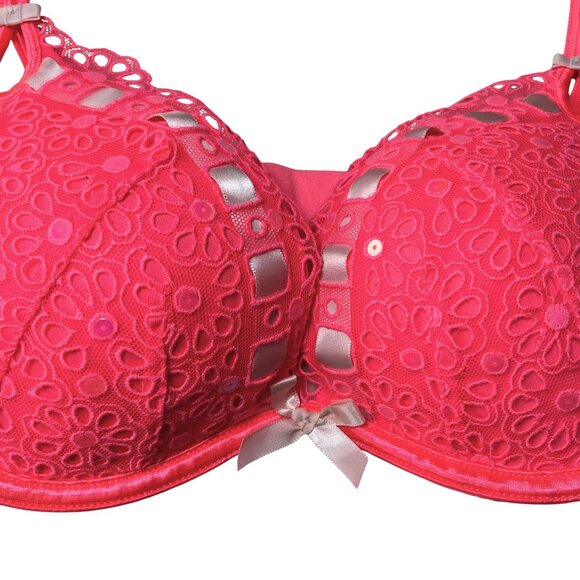 Victoria’s Secret Coral Floral Embroidered Sequin Push Up Bra 32D Bows Neon Pink - Picture 4 of 7